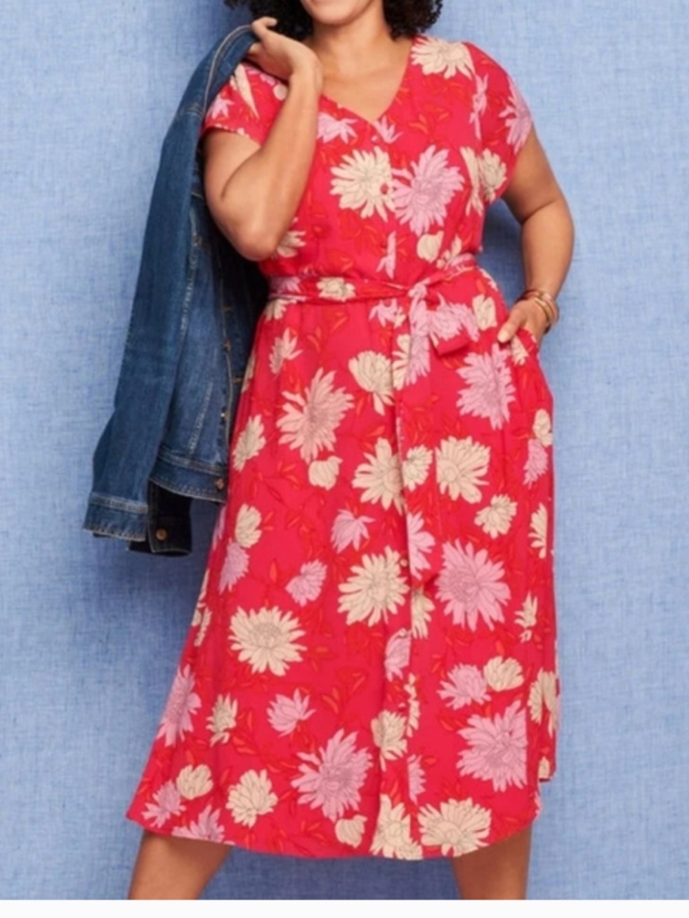 Talbots Red Belted Floral Midi Shirt-Dress Women’s Size 22W